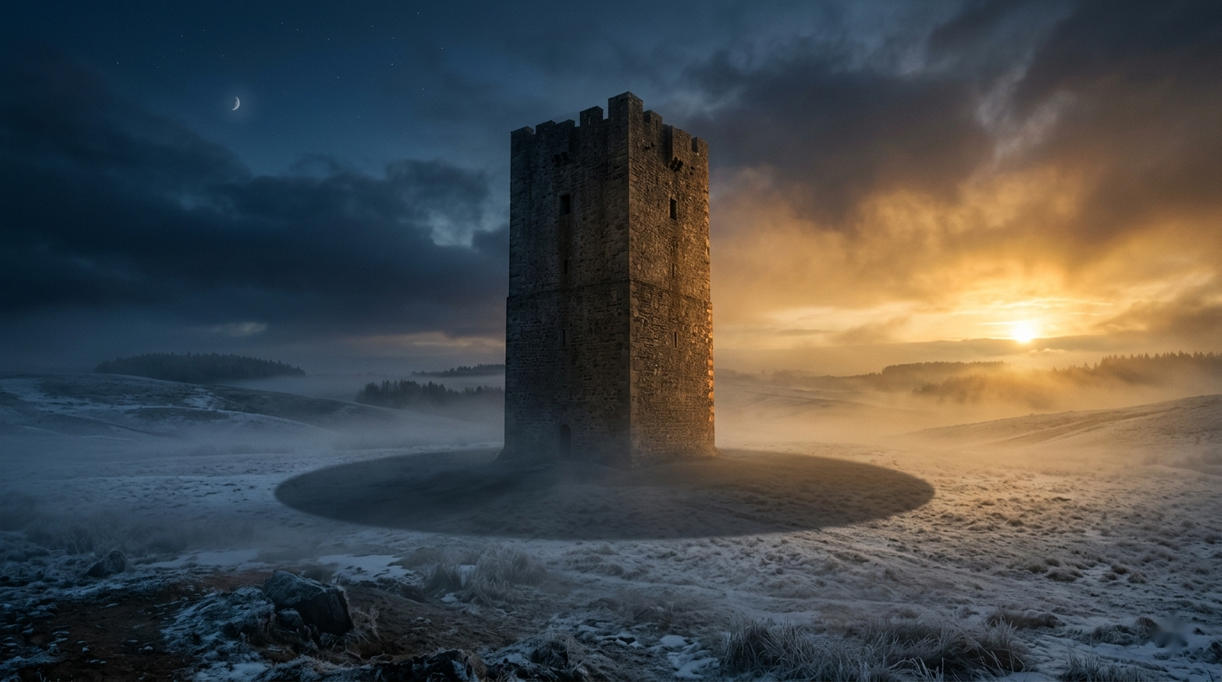 Une tour carrée vue de loin, son ombre au sol est ronde — illusion de perspective.