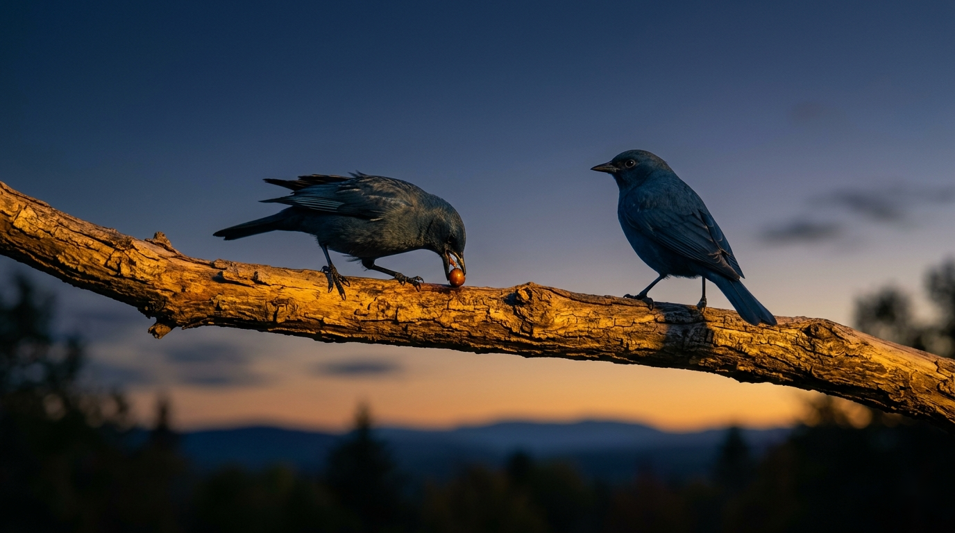 Deux oiseaux perchés sur la même branche — l'un mange les fruits, l'autre observe.