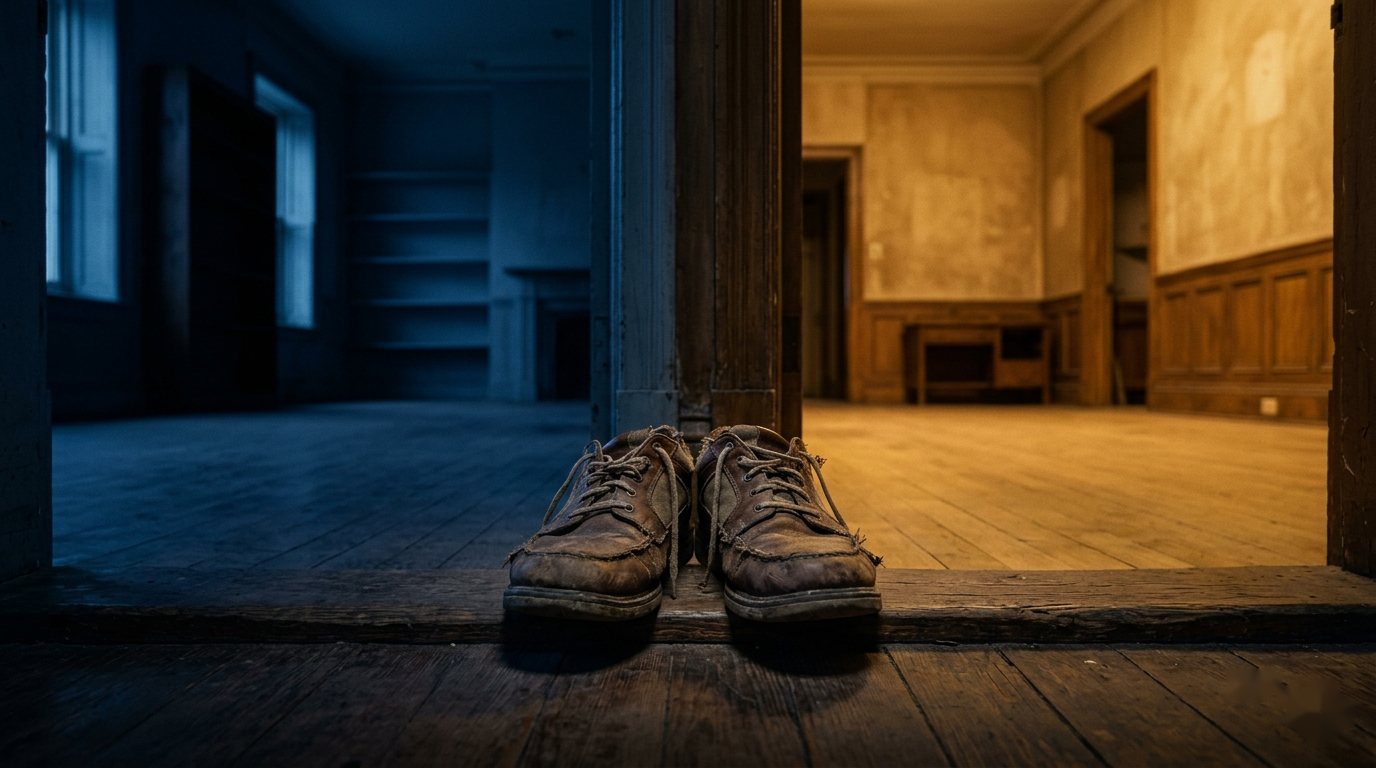 Des chaussures au seuil entre deux corridors — l'un bleu nuit, l'autre doré.