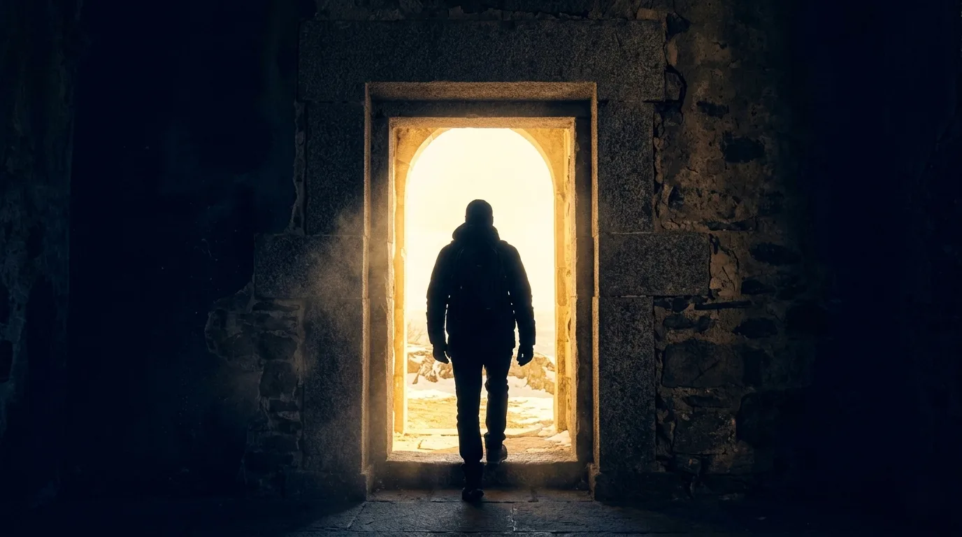 Une silhouette franchit une porte, passant de l'ombre vers la lumière.