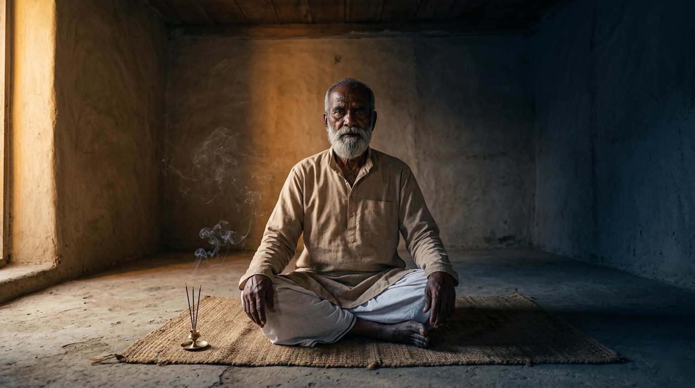 Un homme âgé assis en méditation, regard serein — évocation de Nisargadatta.