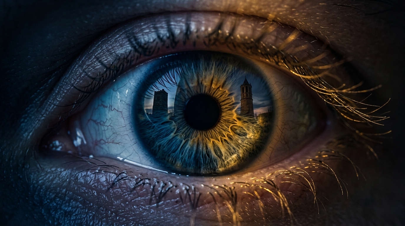 Un œil qui reflète deux tours — l'une carrée, l'autre ronde. La conscience qui voit les deux.