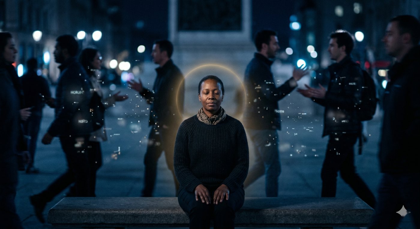 Une femme immobile au milieu du bruit, entourée d'un halo doré imperceptible.