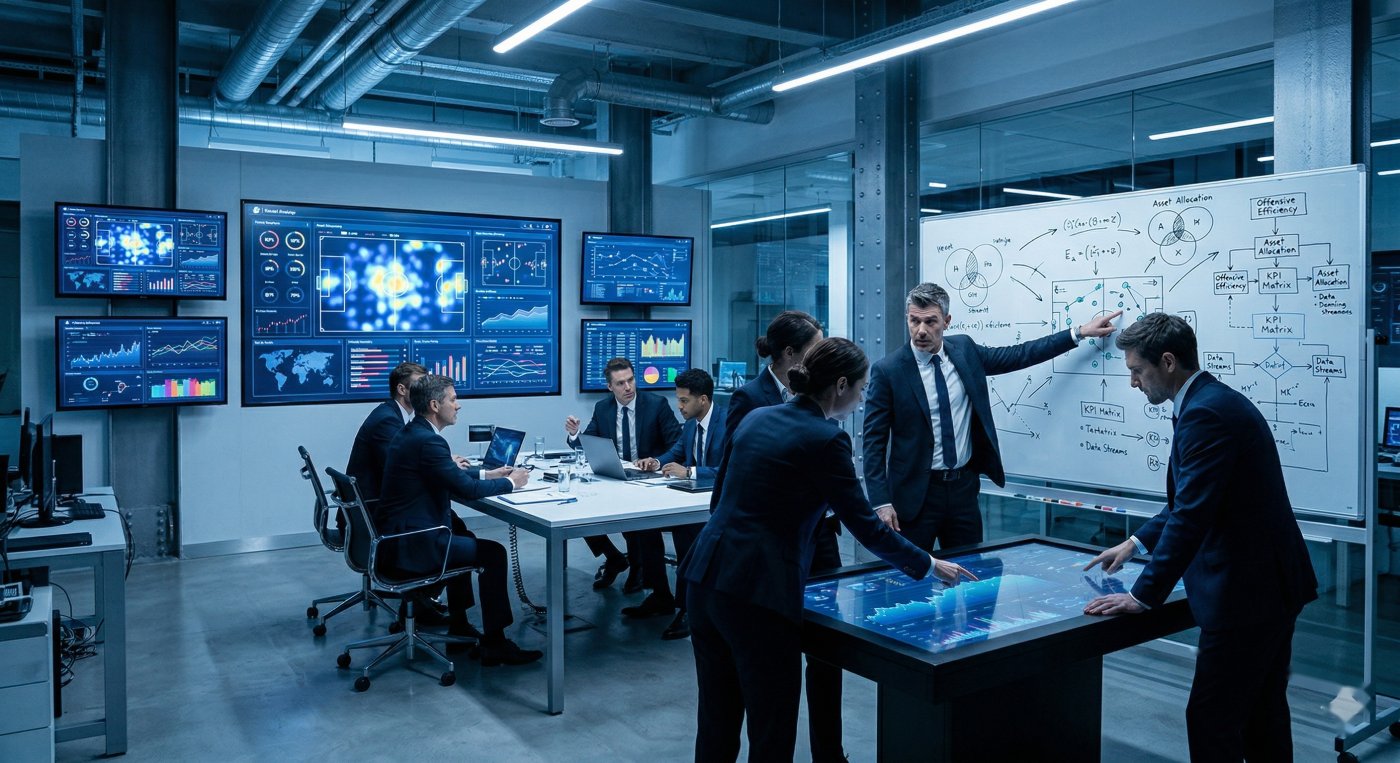 Une salle de guerre corporate froide, écrans et données partout, aucune chaleur.