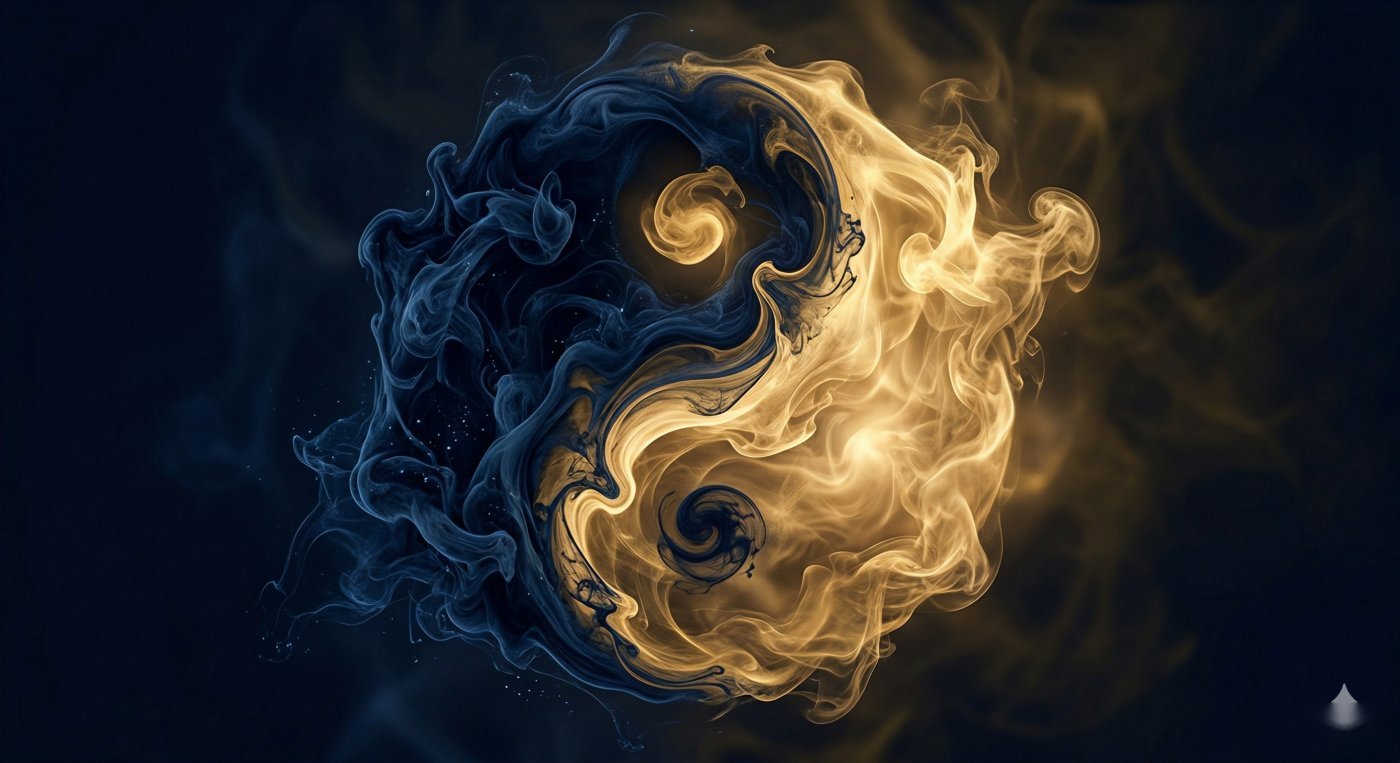 Le taijitu yin-yang revisité en bleu nuit et or, les deux moitiés se fondent l'une dans l'autre.