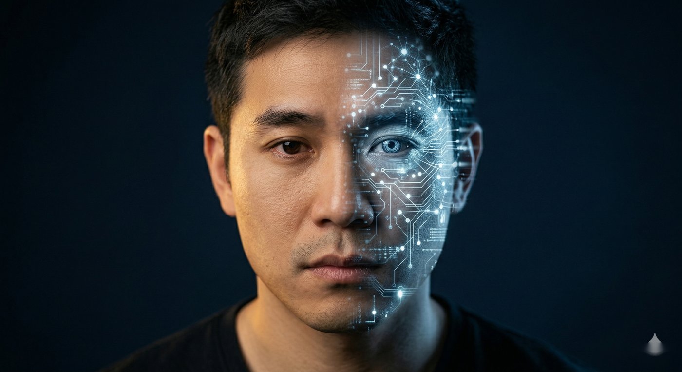 Un visage humain se dissolvant en réseau neuronal — la moitié humaine regarde vers l'intérieur.