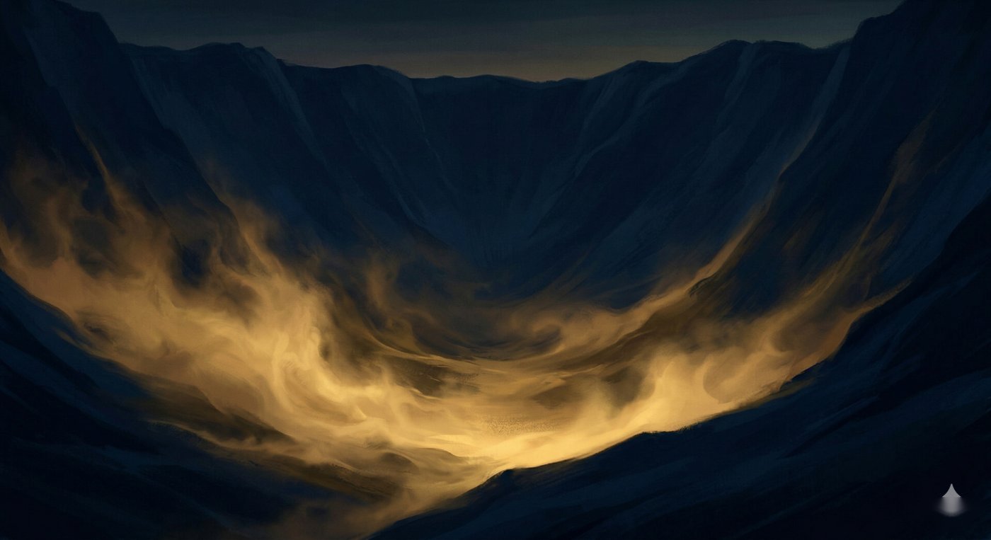 Une vallée au crépuscule, une brume dorée monte du fond — la lumière vient d'en bas.