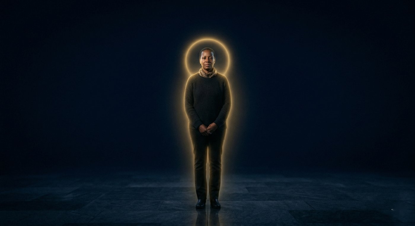 La même femme, seule dans le silence, le halo doré maintenant clairement visible — la présence est devenue perceptible.