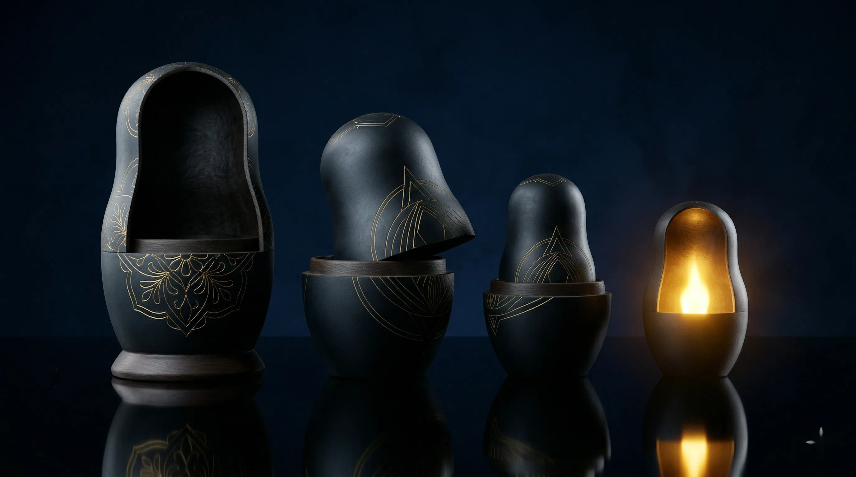 Poupées russes emboîtées, chacune contenant la suivante, symbole des couches d'ignorance.