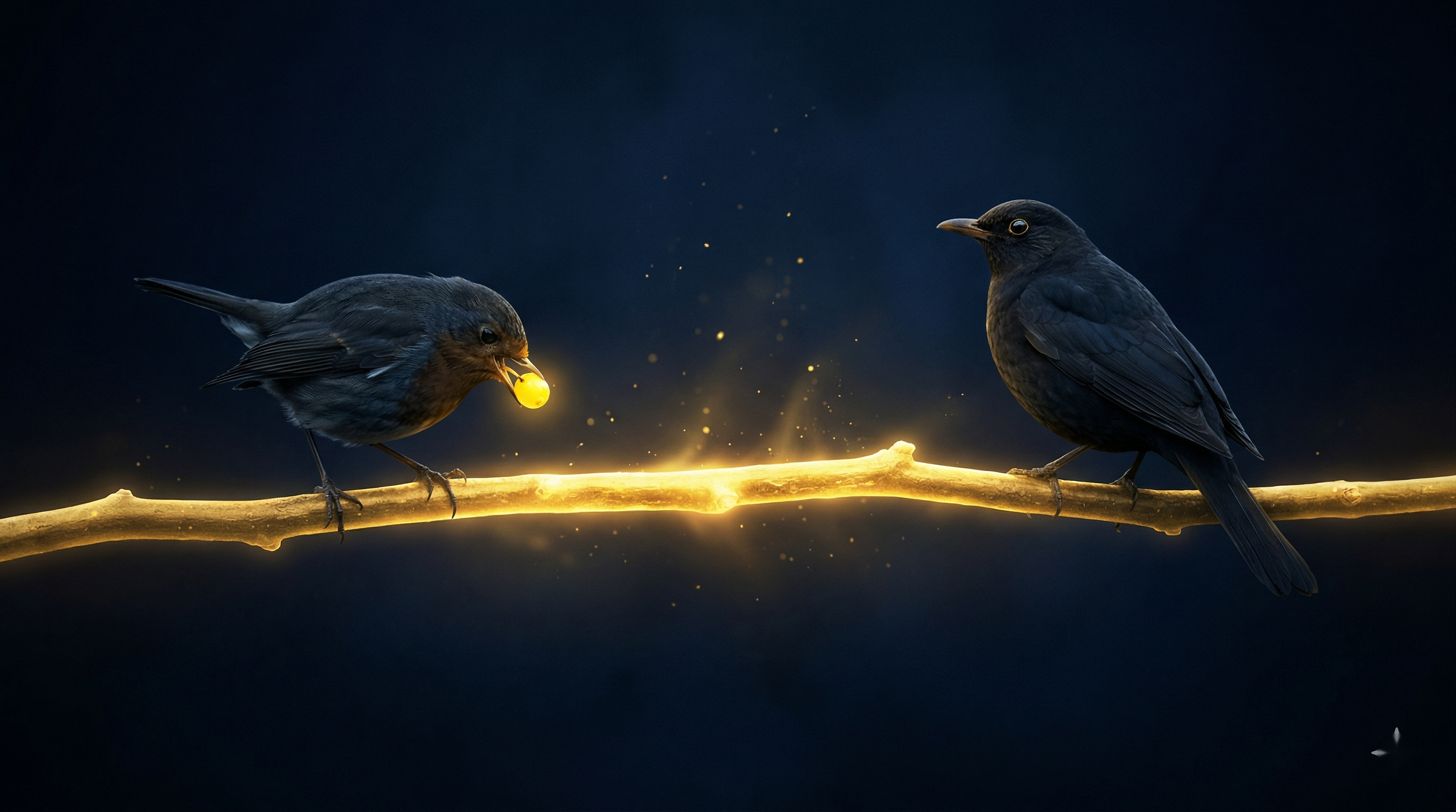 Deux oiseaux sur une branche — l'un mange, l'autre observe.