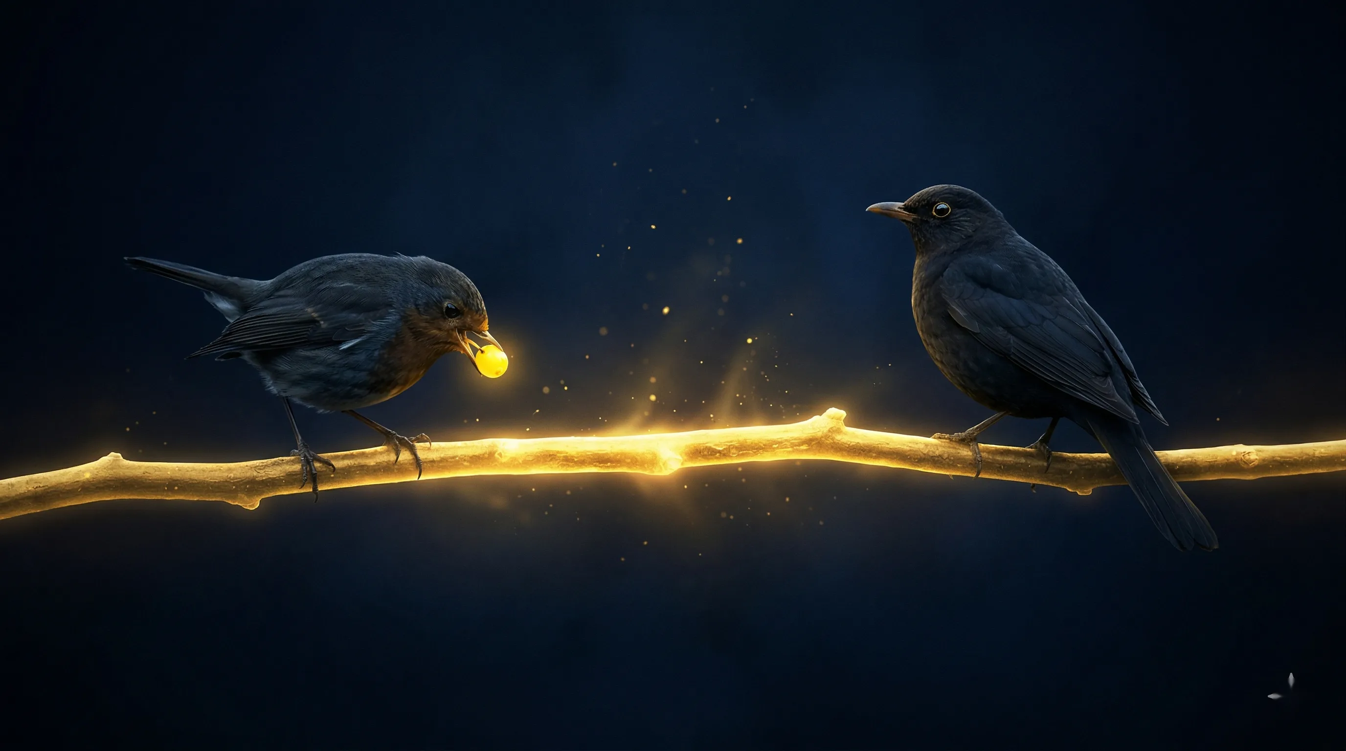 Deux oiseaux sur une branche — l'un mange, l'autre observe.