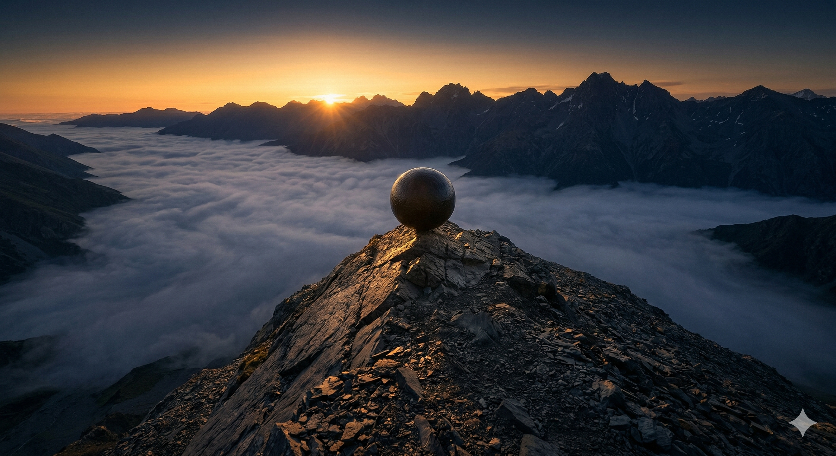 Une pierre ronde au sommet d'une pente de montagne à l'aube
