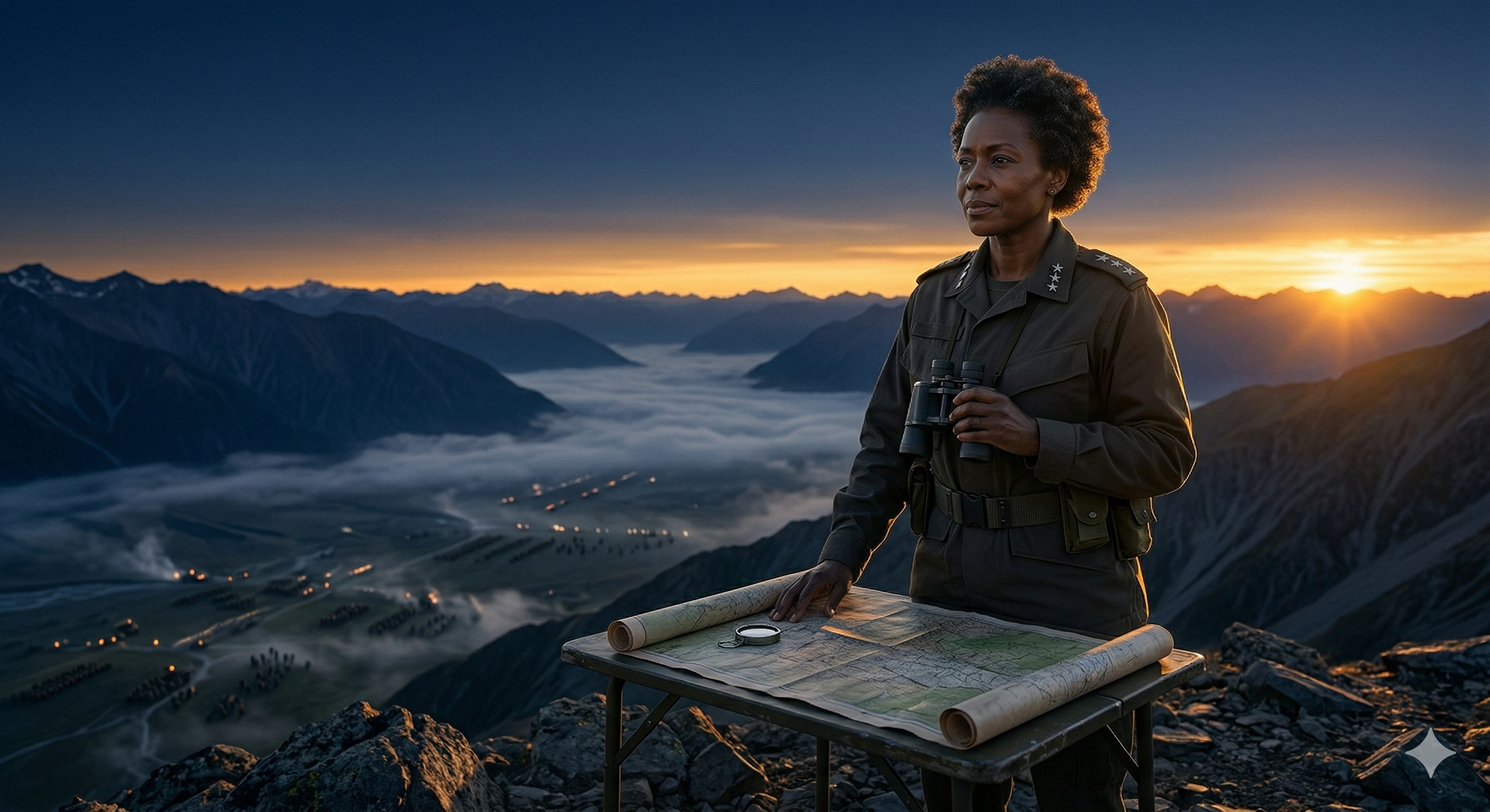 Une générale scrutant le terrain depuis une colline au crépuscule