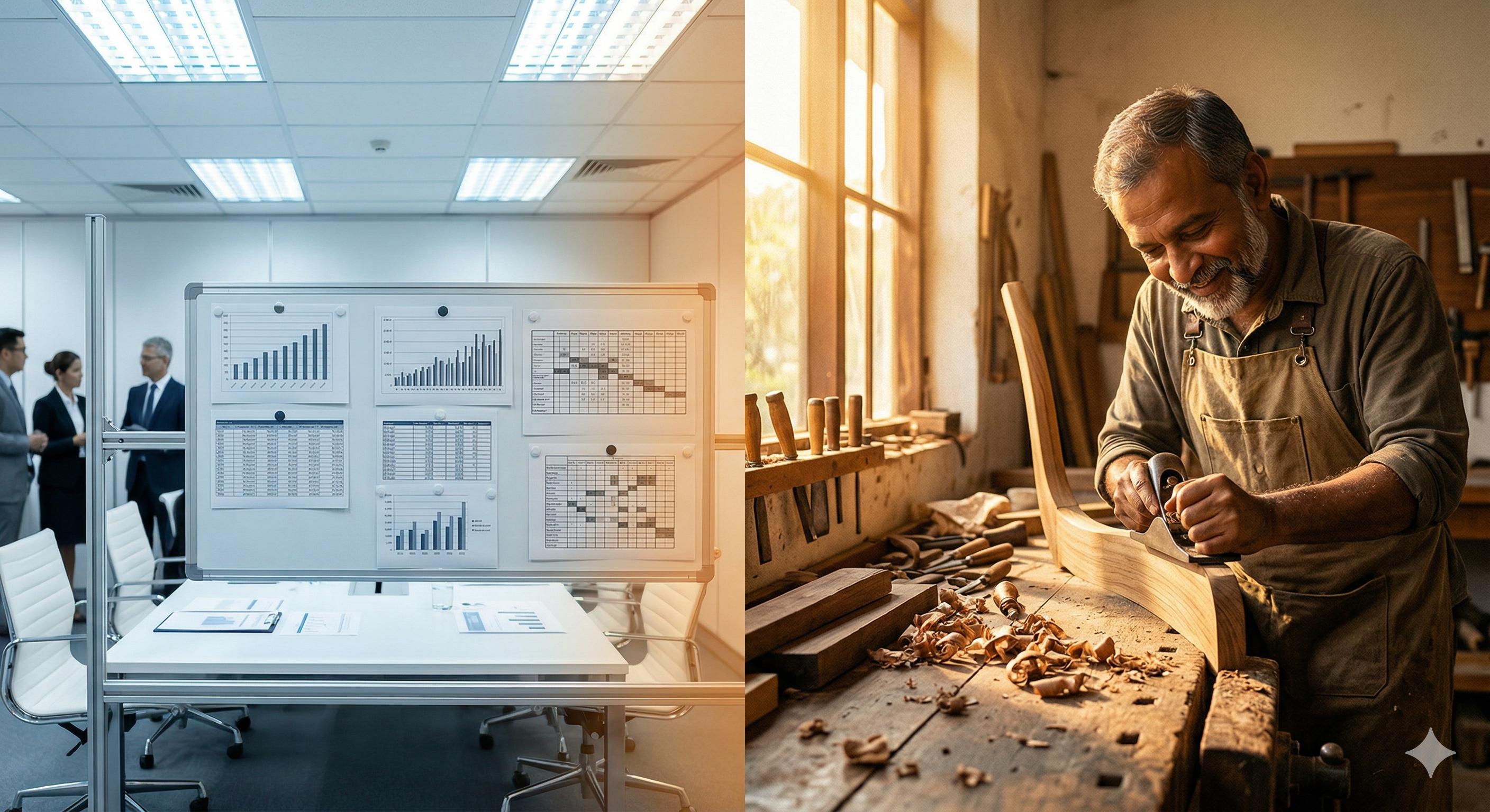 Split: salle de réunion stérile à gauche, atelier d'artisan baigné de lumière dorée à droite