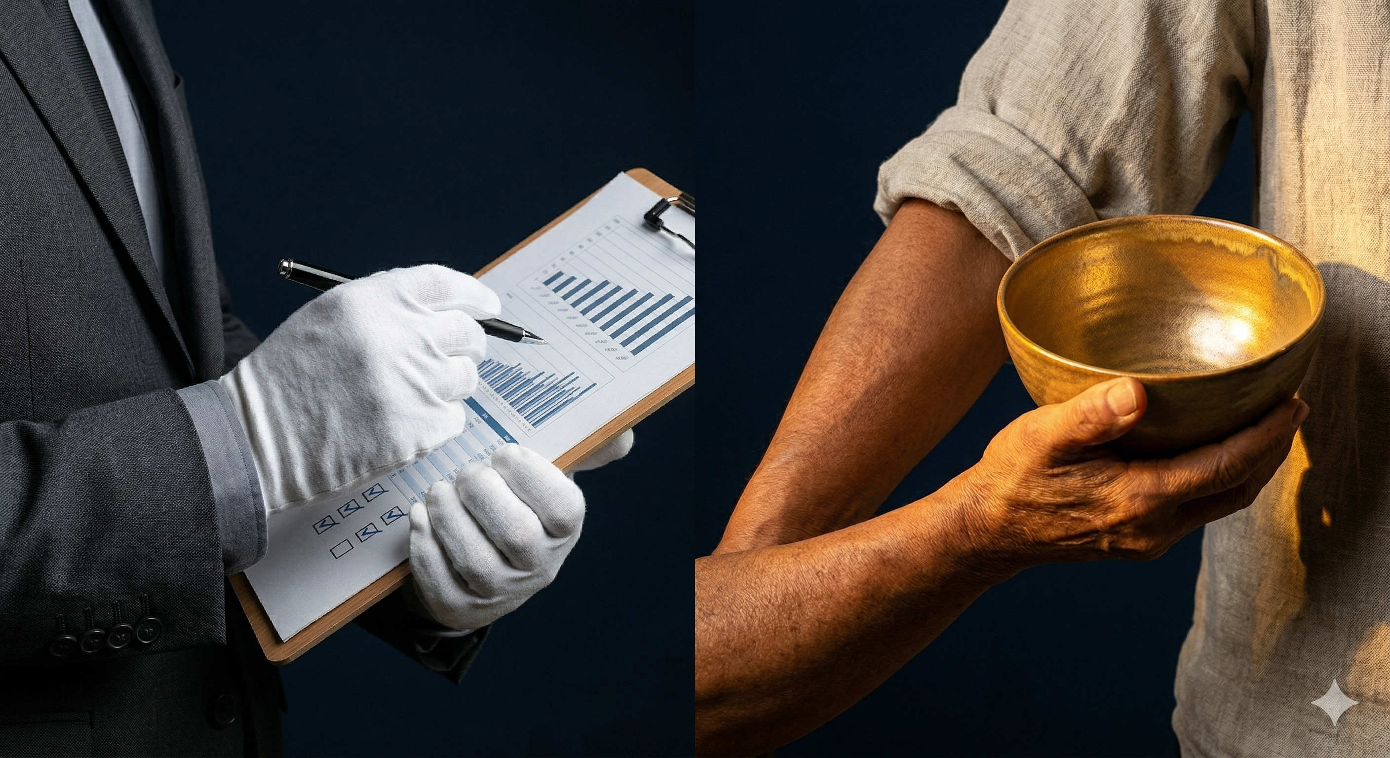 Contraste: main en costume tenant un clipboard vs main d'artisan tenant un bol doré
