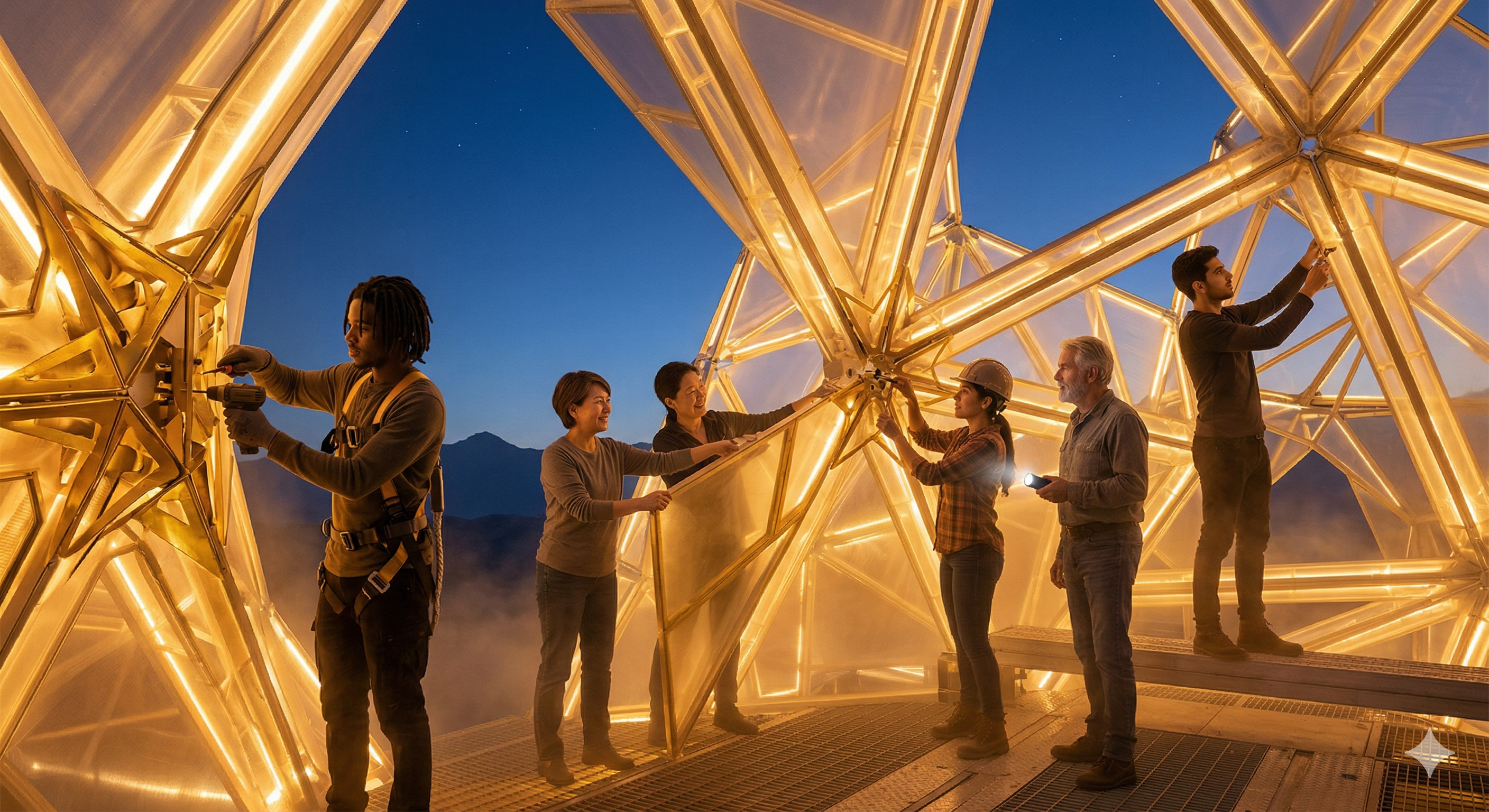 Équipe diverse construisant ensemble une structure lumineuse, depuis l'intérieur