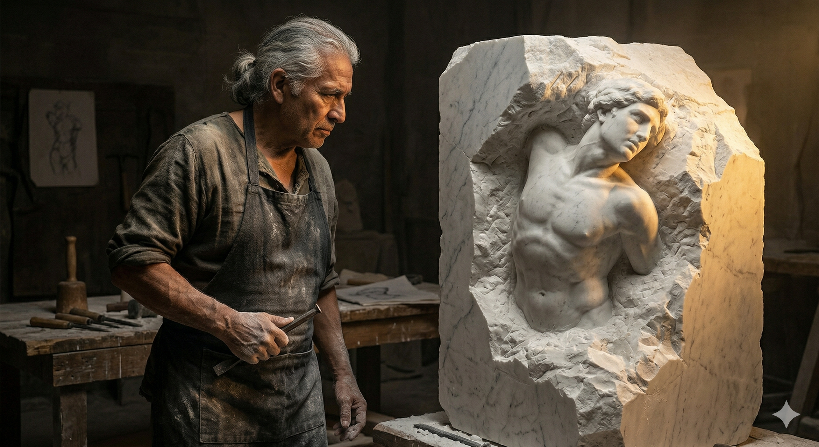 Un sculpteur reculant devant un bloc de marbre dont une forme humaine émerge
