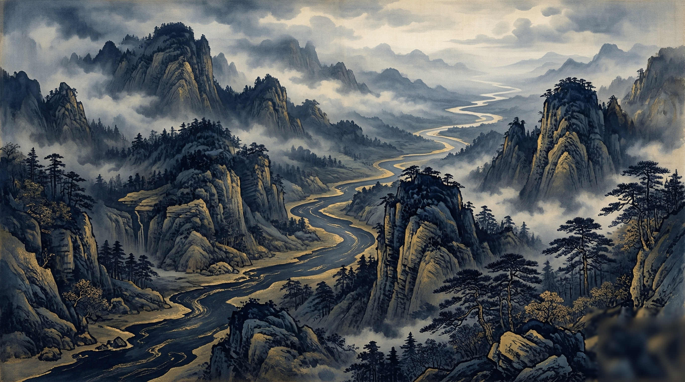 Un paysage de montagnes chinoises traversé par une rivière sinueuse