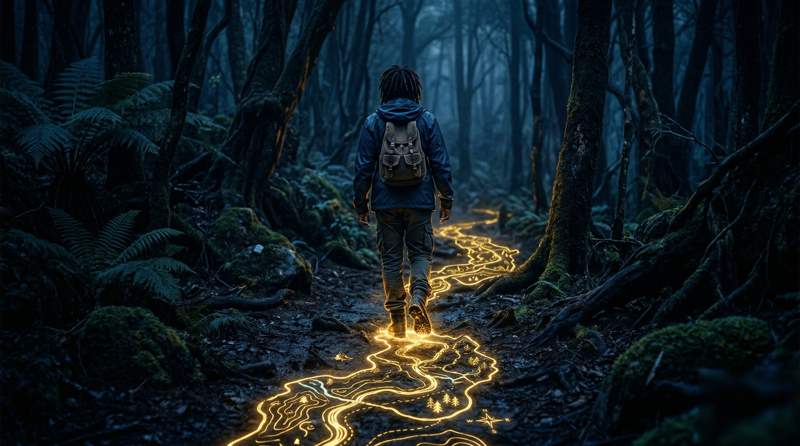 Une personne marchant dans une forêt, ses pas créant un sentier lumineux derrière elle