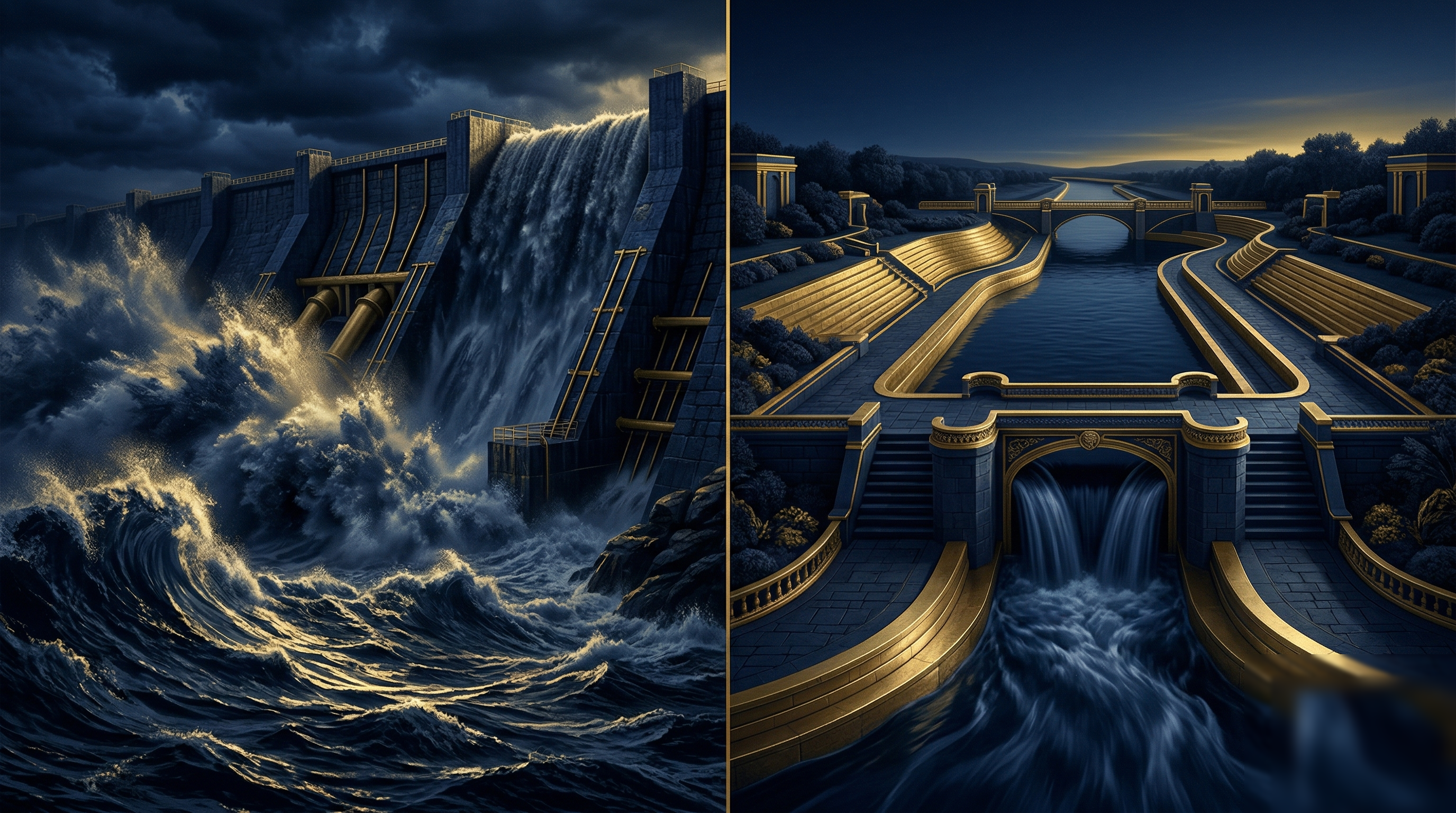 Composition divisée : à gauche une rivière s'écrasant contre un barrage, à droite la même eau canalisée élégamment