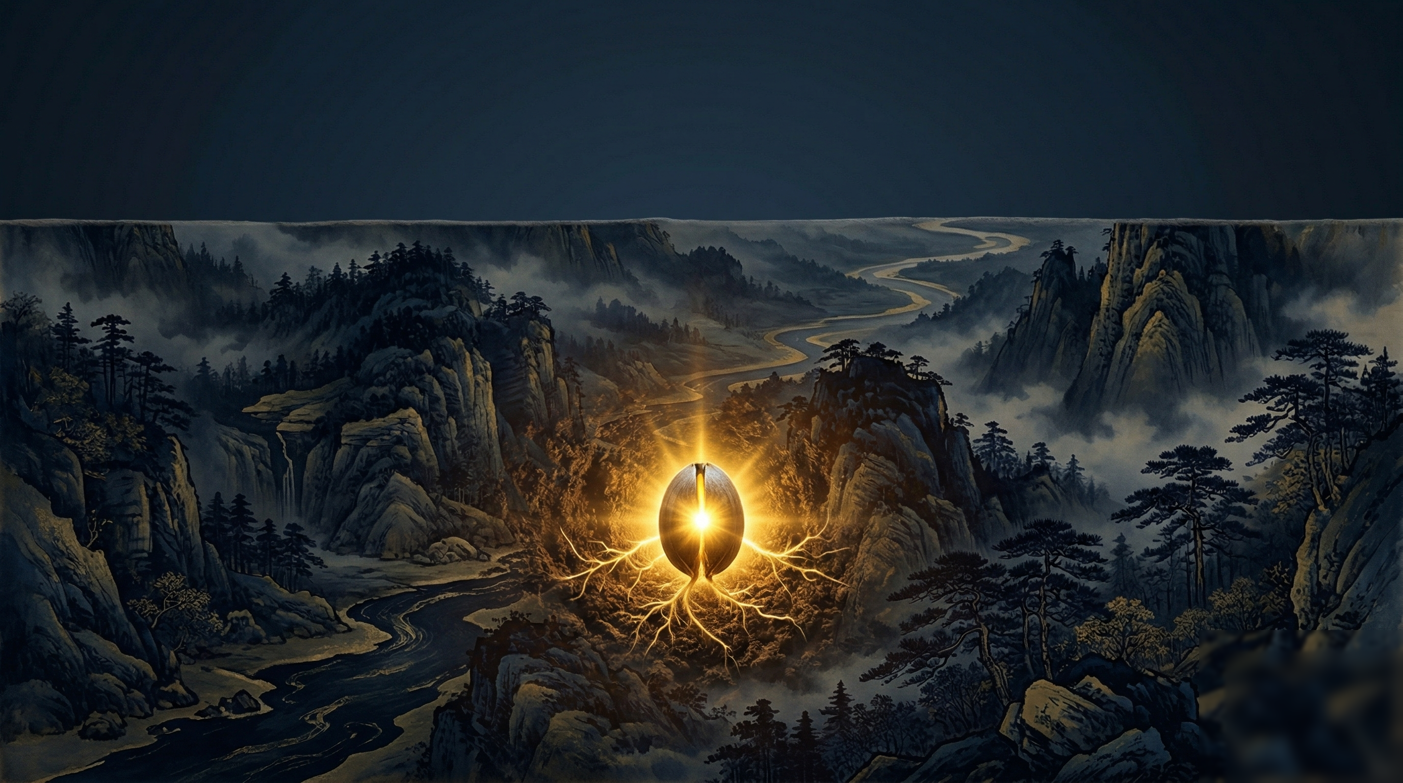 Une graine sous la terre, racines à peine formées, lumière dorée irradiant de l'intérieur