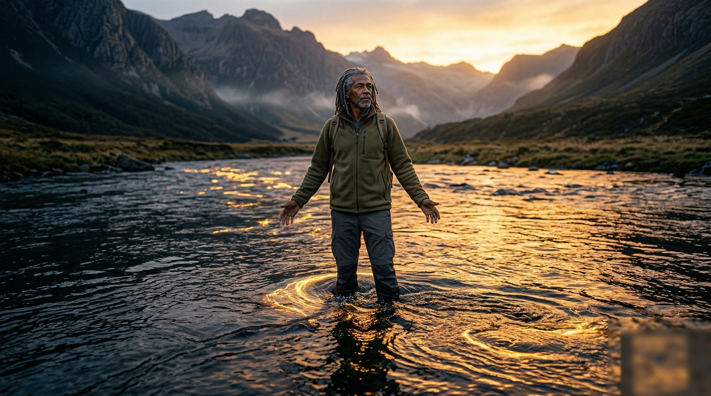 Une personne debout dans le courant d'une rivière, bras ouverts, lisant le terrain