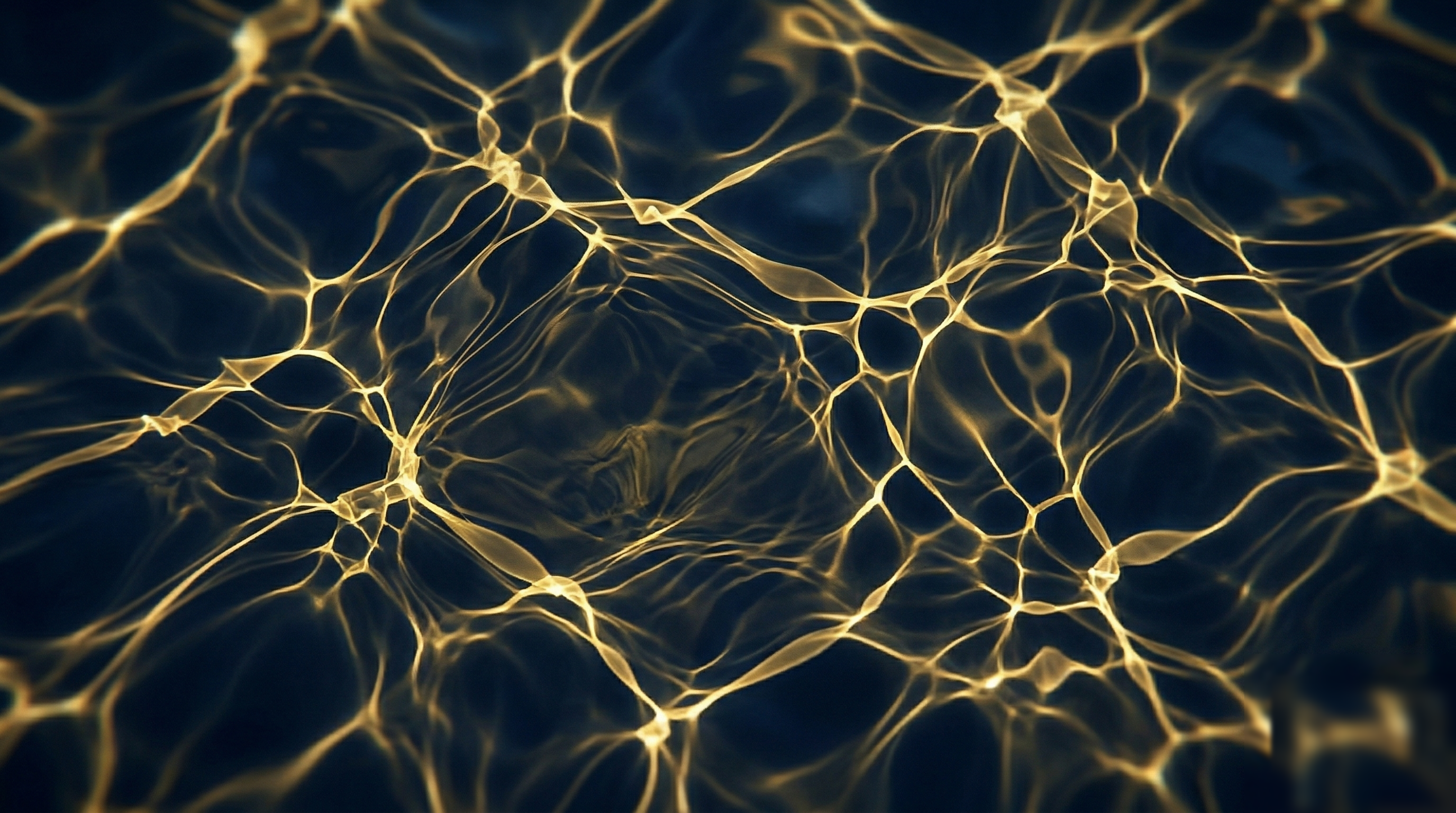 Motifs de caustiques aquatiques abstraits, lumière dorée réfractée à travers l'eau en mouvement