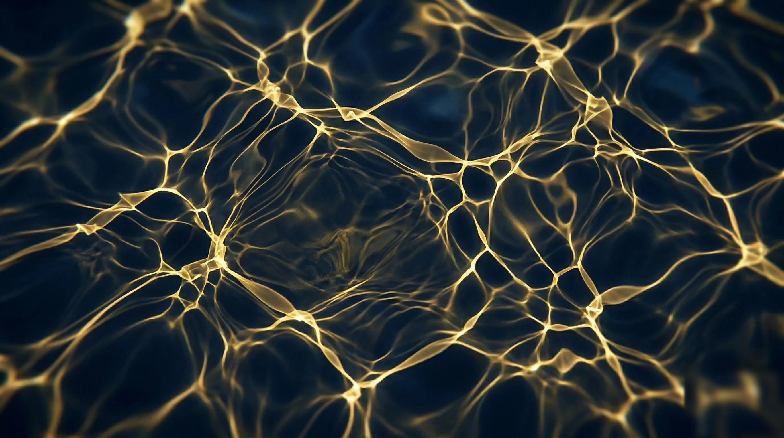 Motifs de caustiques aquatiques abstraits, lumière dorée réfractée à travers l'eau en mouvement