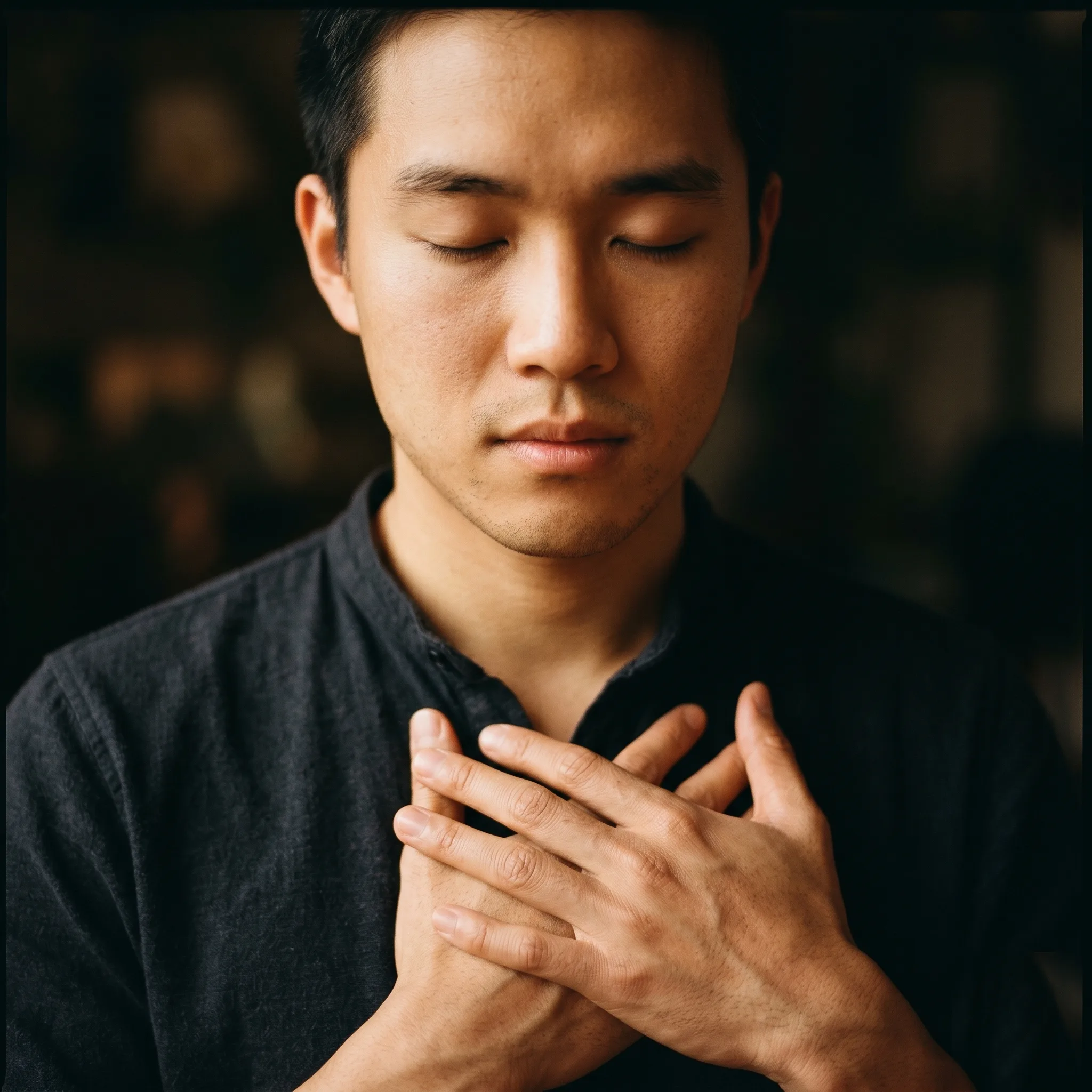 Le corps-vécu — mains posées sur la poitrine, yeux fermés