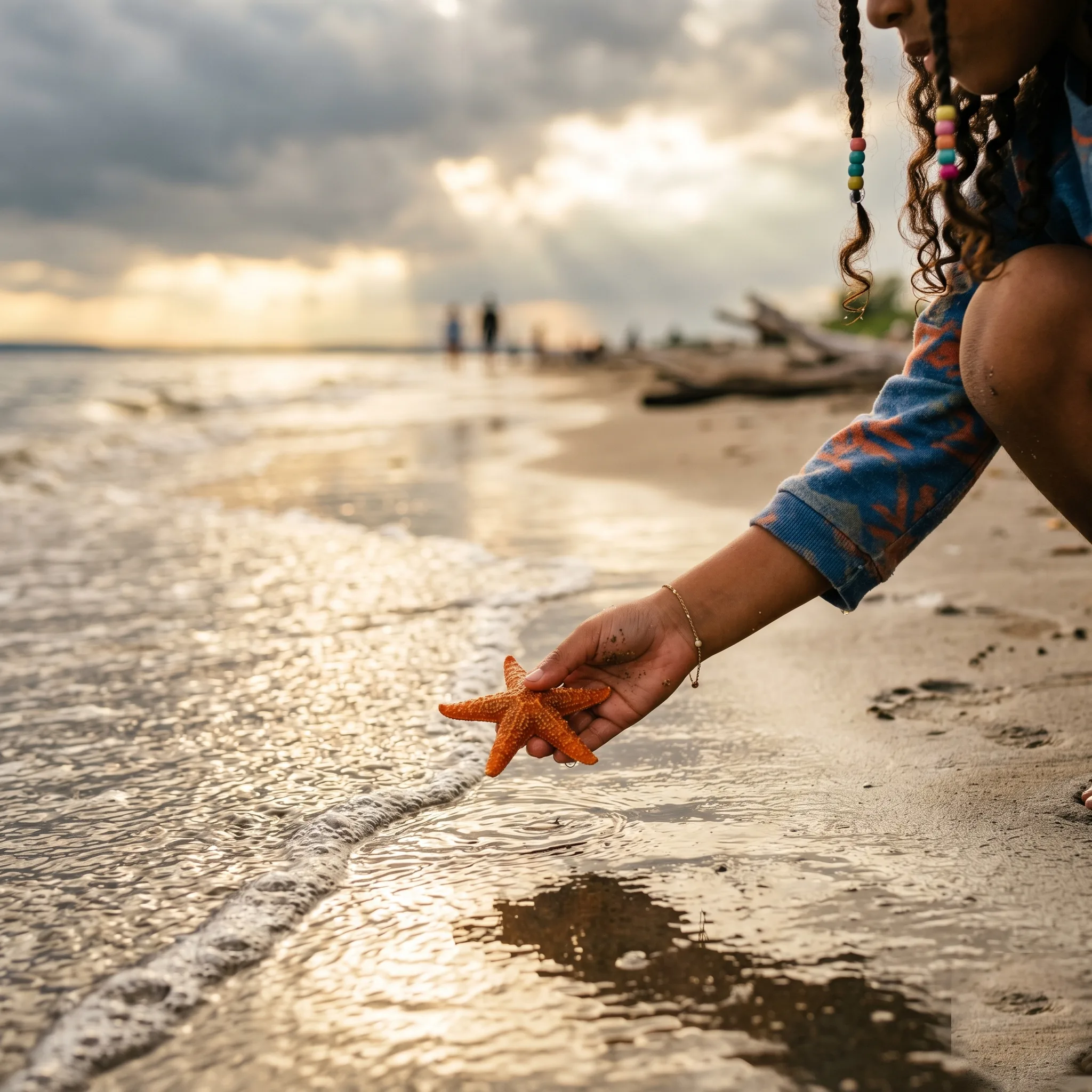L'étoile de mer — une main d'enfant tient une étoile de mer au-dessus de l'eau