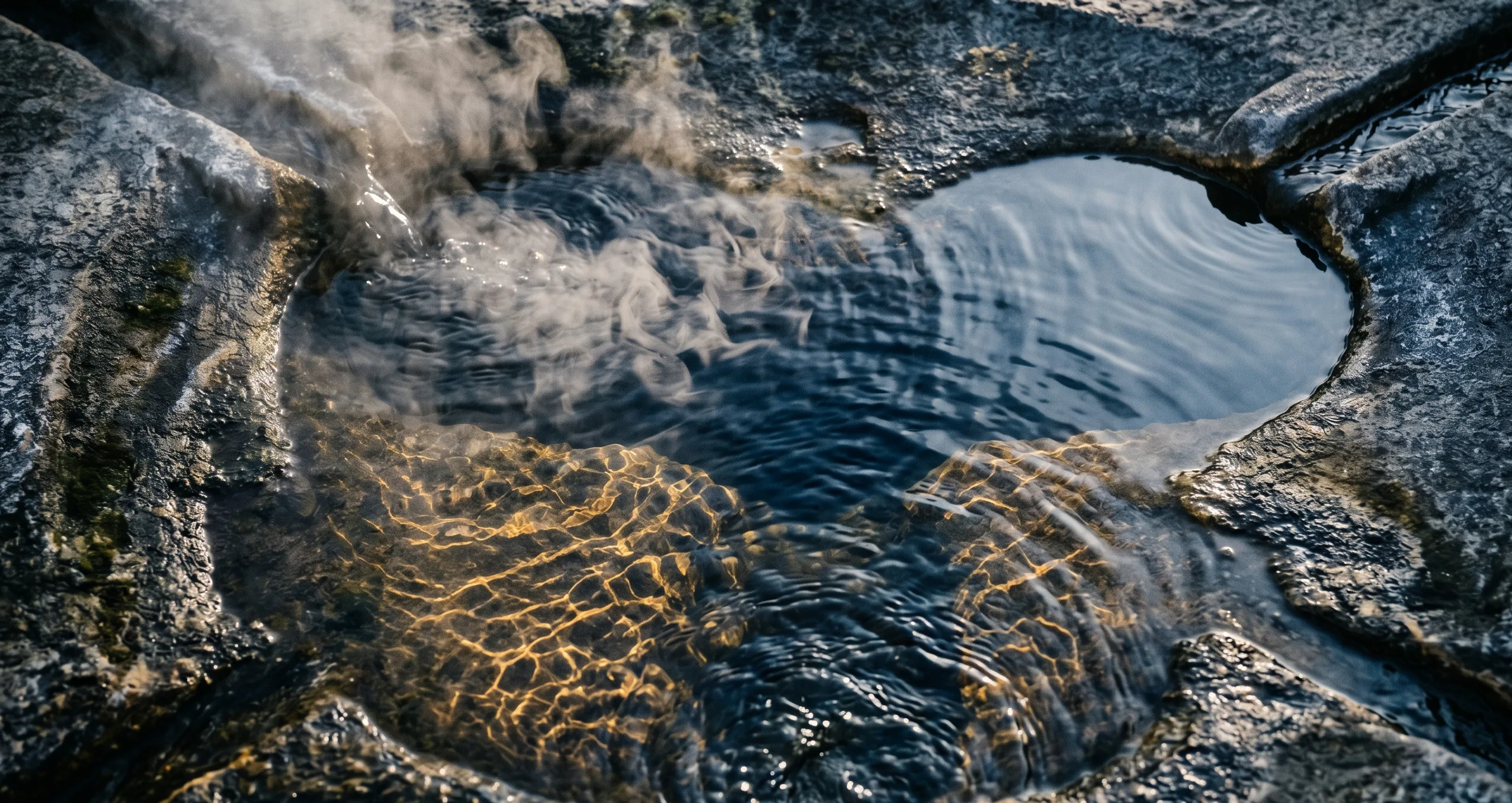 La périchorèse — trois courants d'eau convergent dans un bassin de pierre