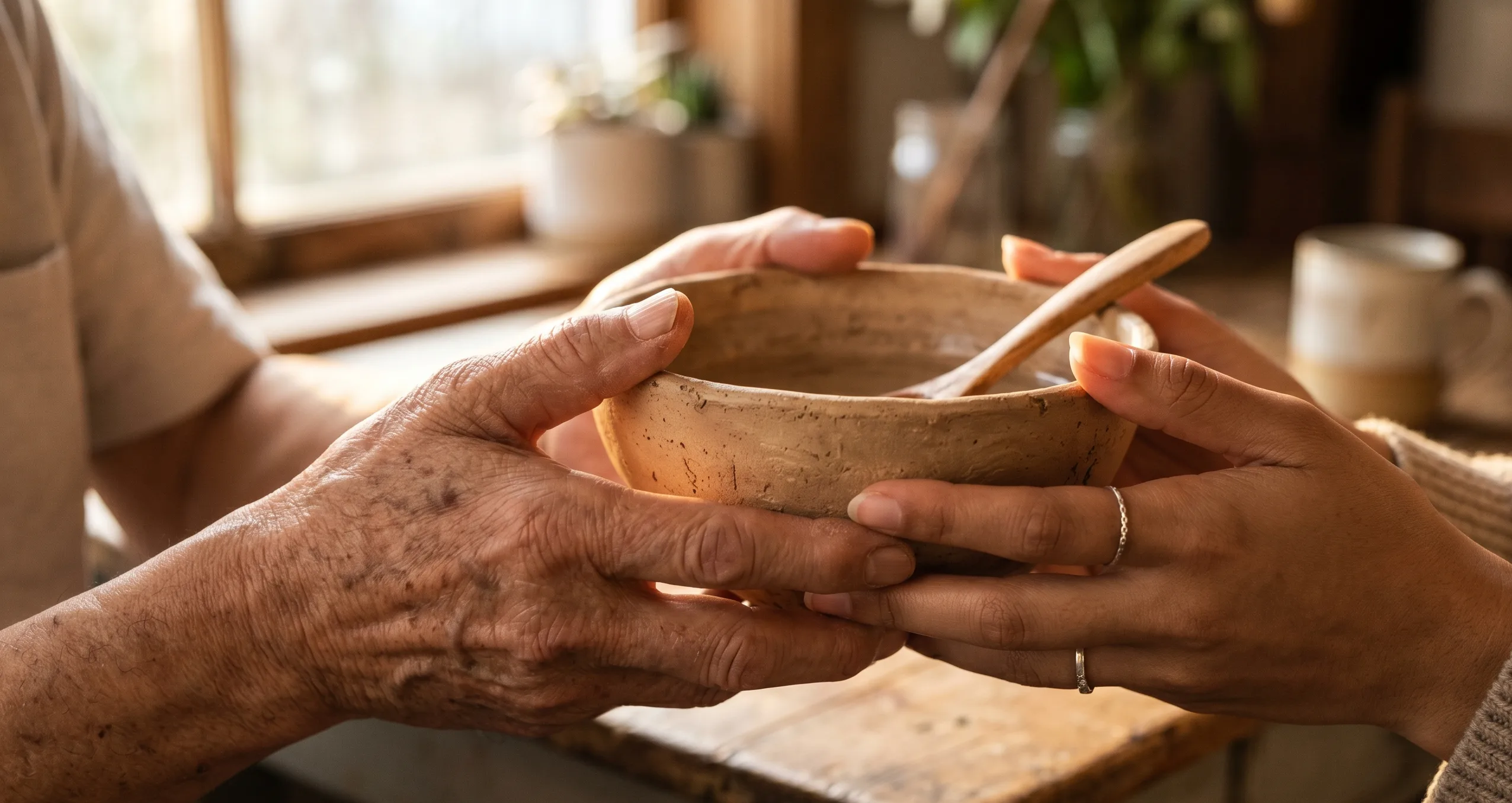 Le mot trouvé — deux mains tenant un bol d'argile, lumière dorée
