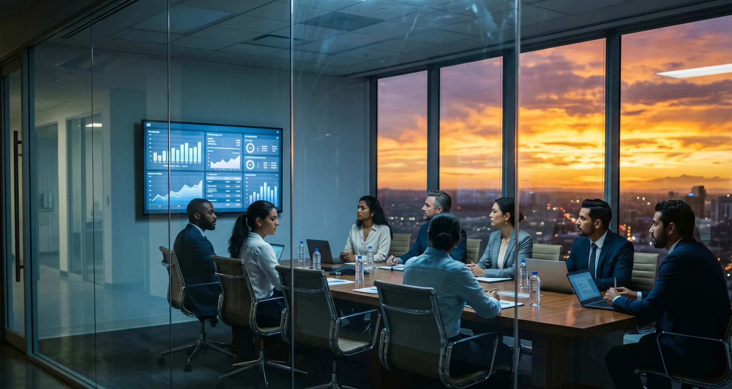 Le miroir corporate — salle de réunion, écran KPI, coucher de soleil que personne ne regarde