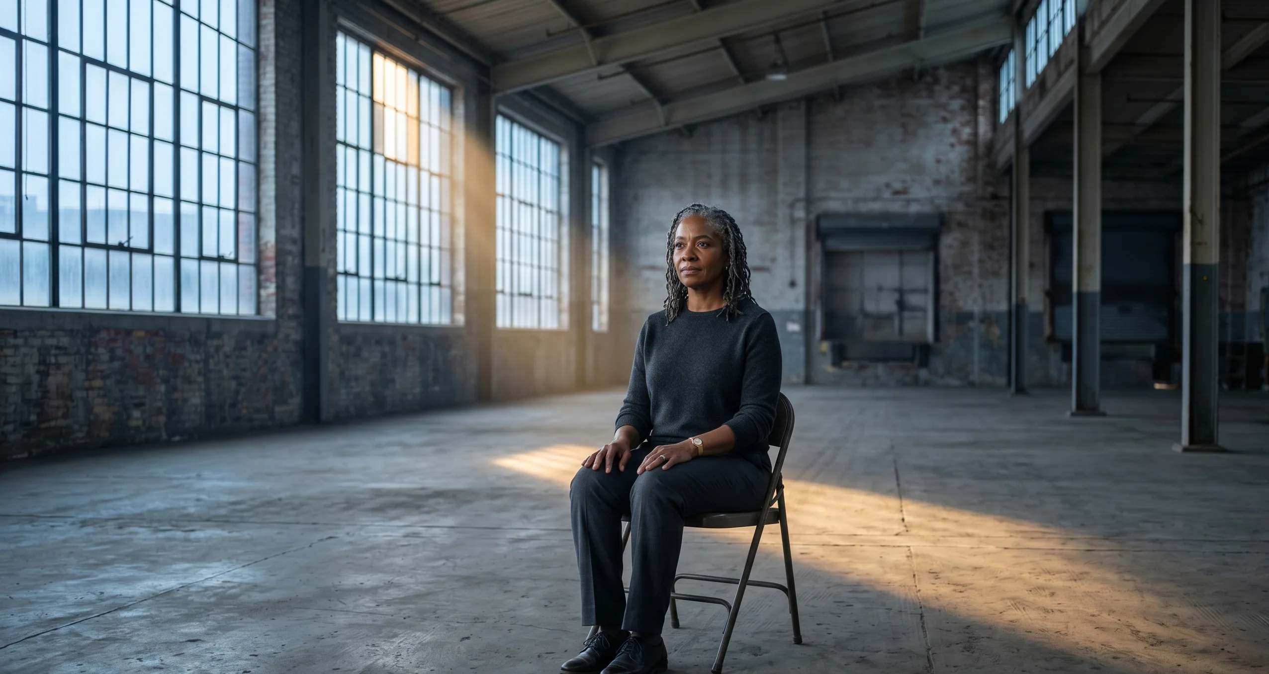 Holding the space — femme assise seule dans un espace industriel vide, rayon de lumière