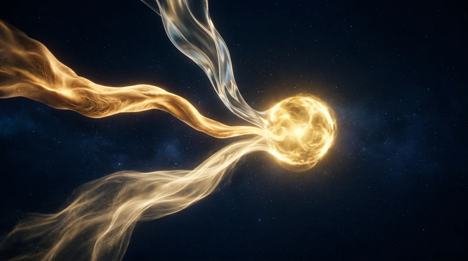 La trinit&eacute; &mdash; trois flux de lumi&egrave;re dor&eacute;e convergent en une sph&egrave;re