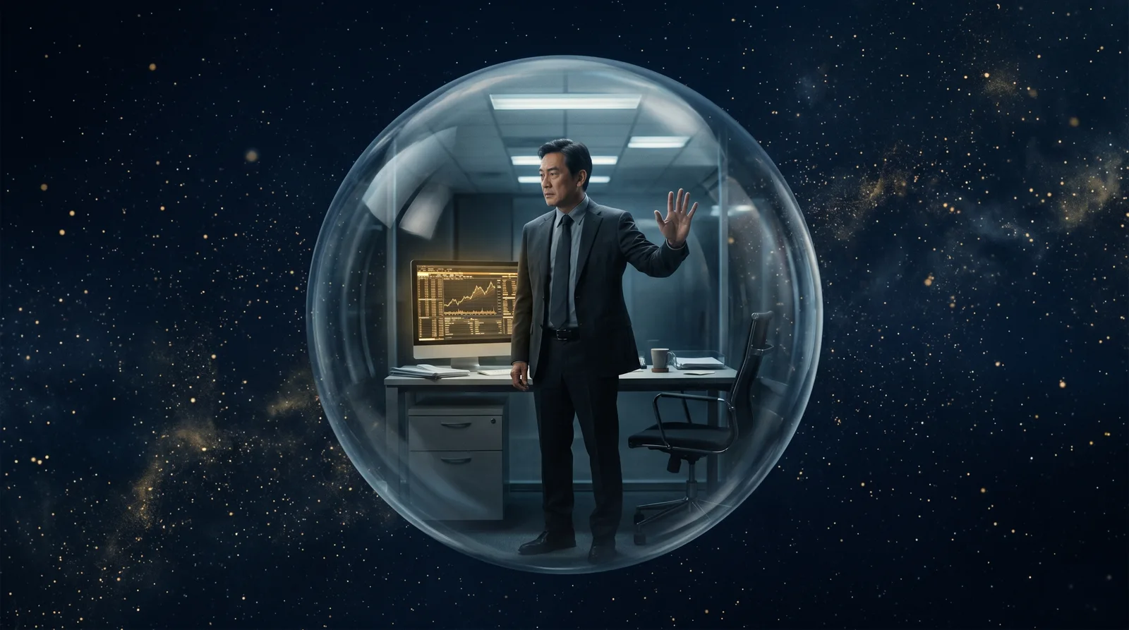 La peur de l&rsquo;inconnu &mdash; homme dans une bulle de verre flottant dans l&rsquo;obscurit&eacute;