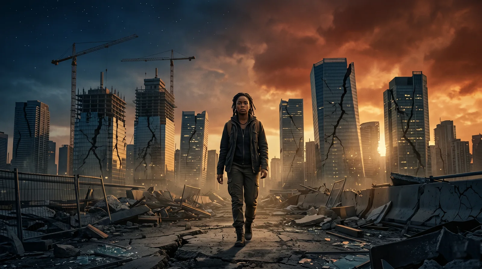 La cha&icirc;ne de la destruction &mdash; femme traversant un paysage urbain fissur&eacute;