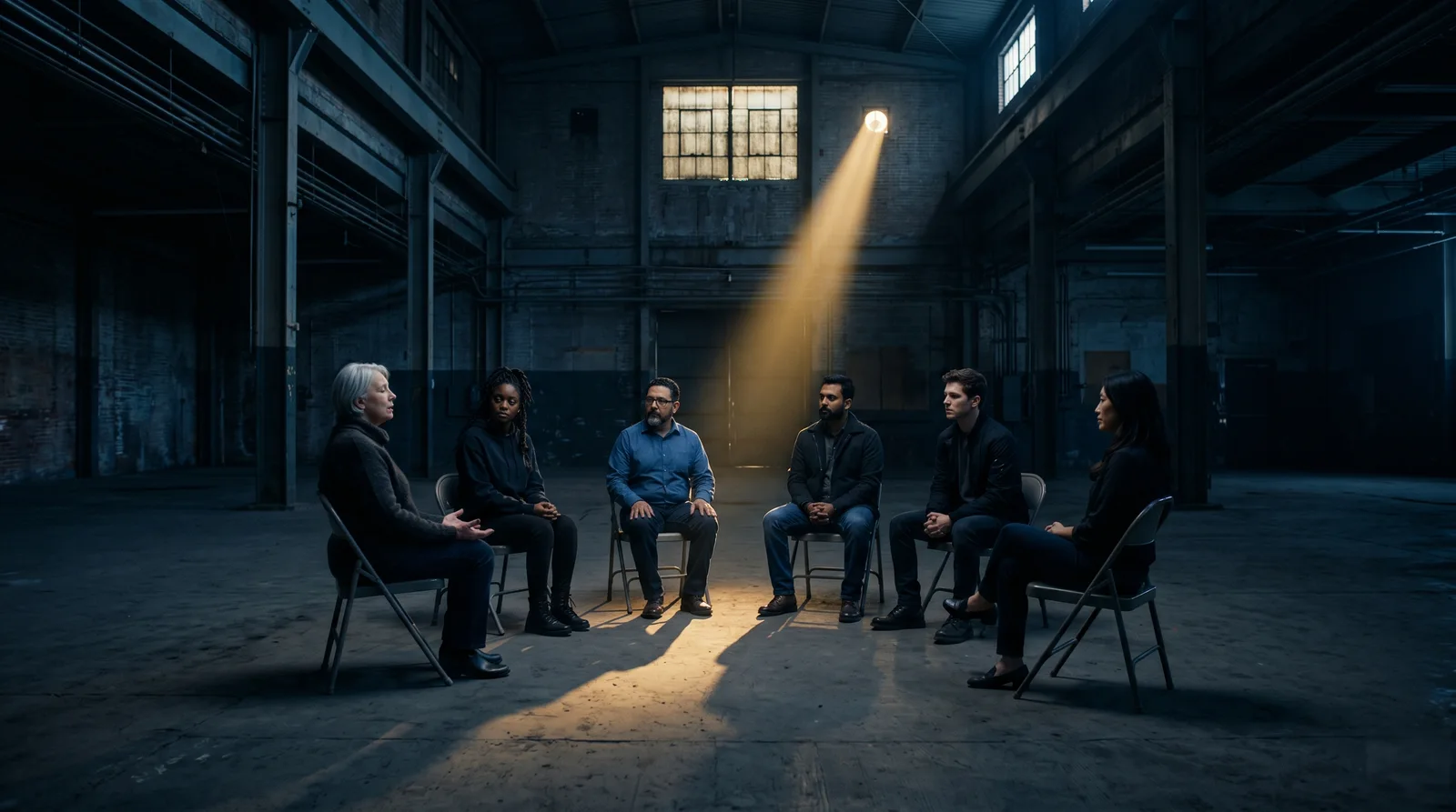 Se maintenir l&agrave; o&ugrave; il ne se passe rien &mdash; cercle de personnes dans un entrep&ocirc;t, rayon de lumi&egrave;re dor&eacute; au centre