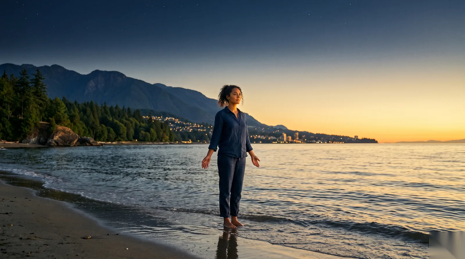 L&rsquo;exp&eacute;rience &mdash; femme au bord de l&rsquo;oc&eacute;an &agrave; l&rsquo;aube, entre nature et civilisation