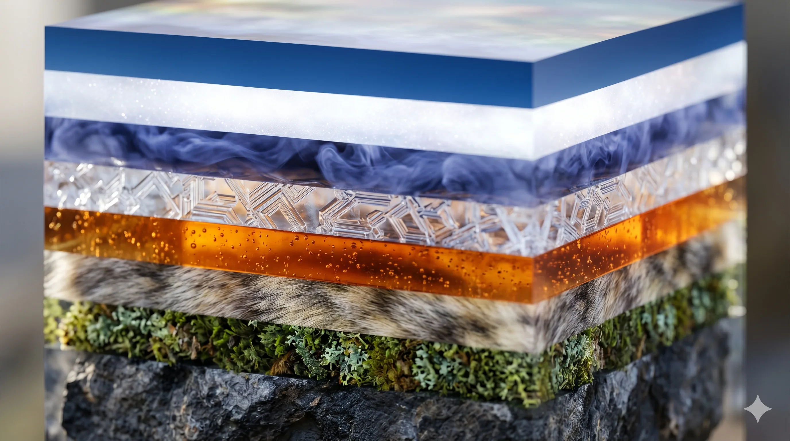 Neuf dimensions &mdash; couches translucides de mat&eacute;riaux naturels empil&eacute;es