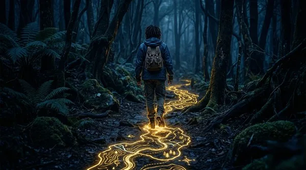 Le psychique &mdash; enfant sur un sentier lumineux en for&ecirc;t sombre