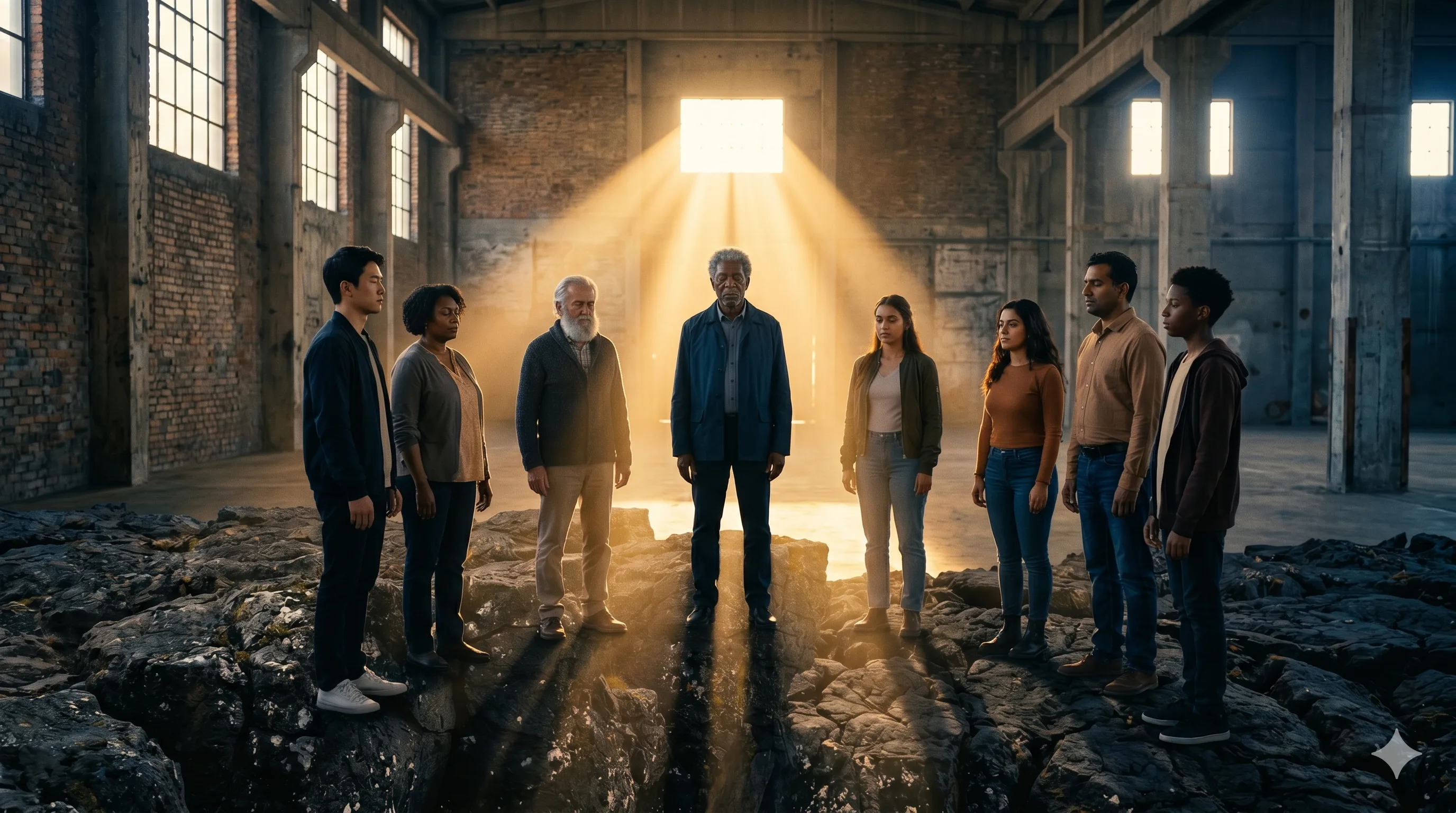 La mission &mdash; groupe divers dans un entrep&ocirc;t, lumi&egrave;re dor&eacute;e convergente