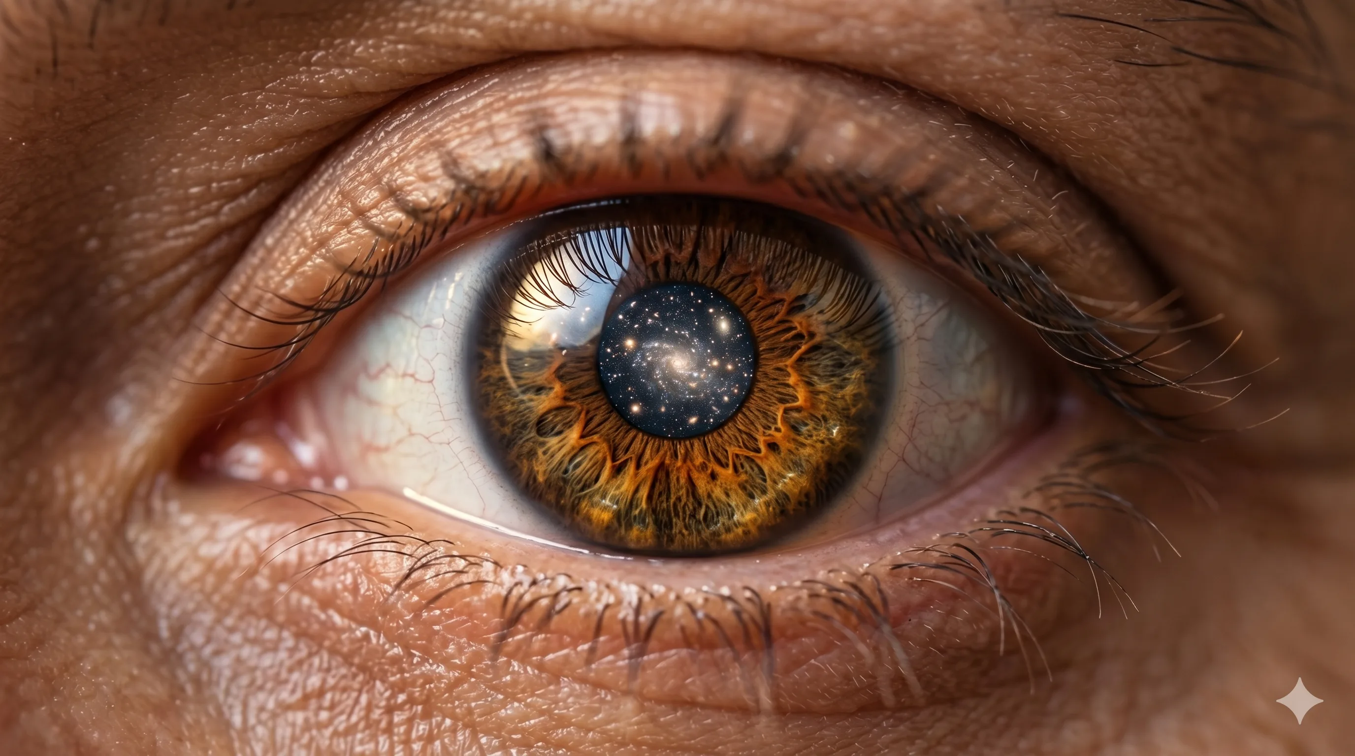 Qui parle &mdash; &oelig;il en macro avec galaxie refl&eacute;t&eacute;e dans la pupille