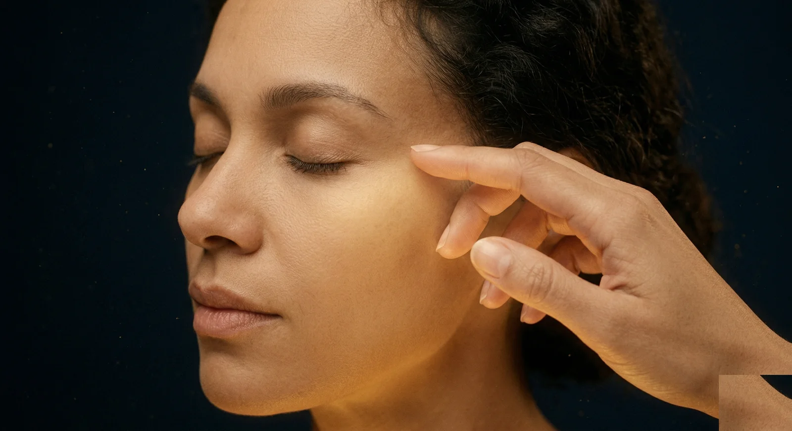 Visage en gros plan, lumière dorée émanant de l'intérieur de la peau