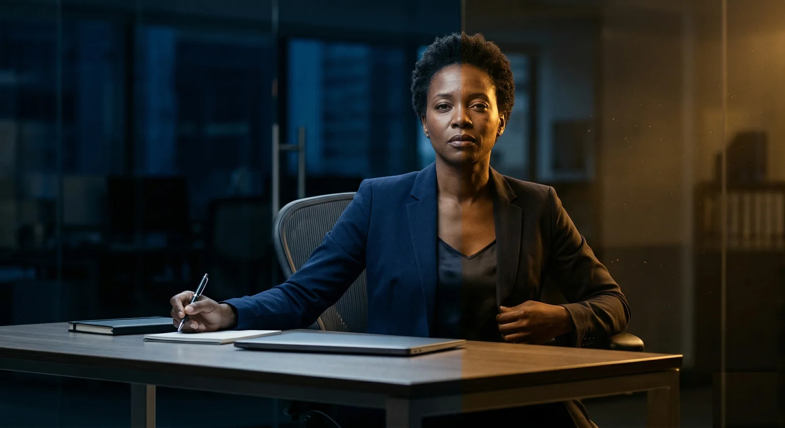 Femme dans un bureau de nuit, frontière entre le travail et l'intériorité