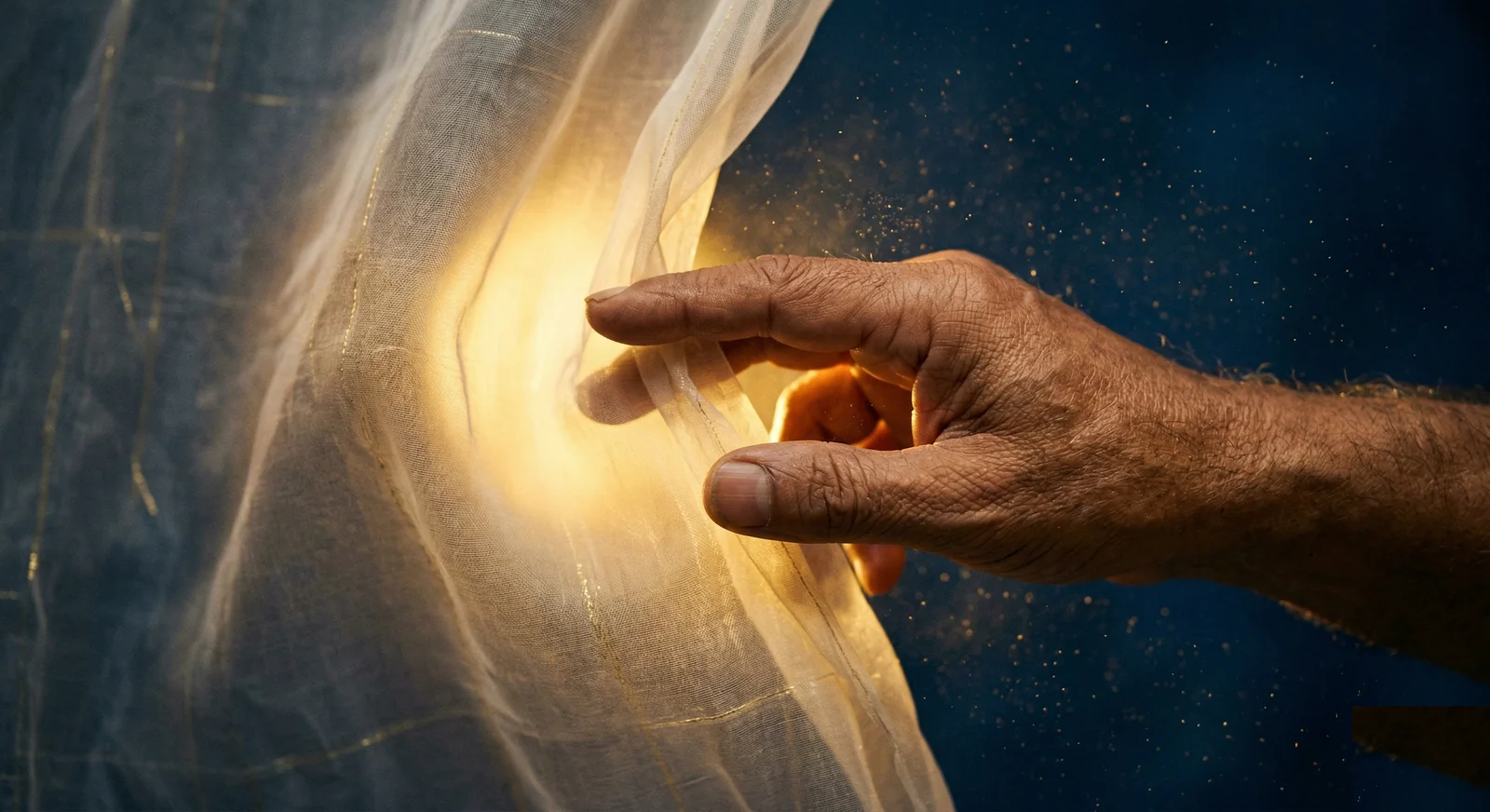 Main écartant un voile derrière lequel pulse une lumière dorée