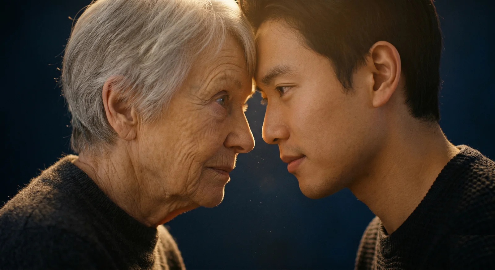 Deux visages front contre front, lumière dorée commune