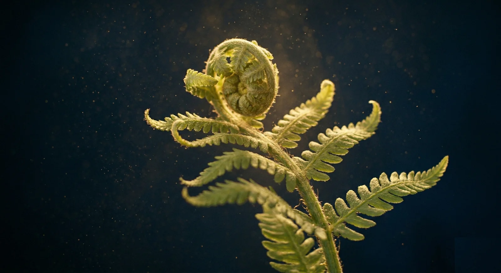 Spirale de fougère qui se déplie dans une lumière dorée