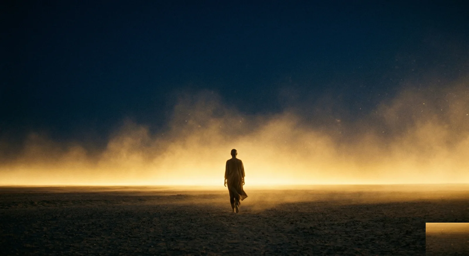 Silhouette marchant vers un horizon doré, retour depuis l'origine reconnue