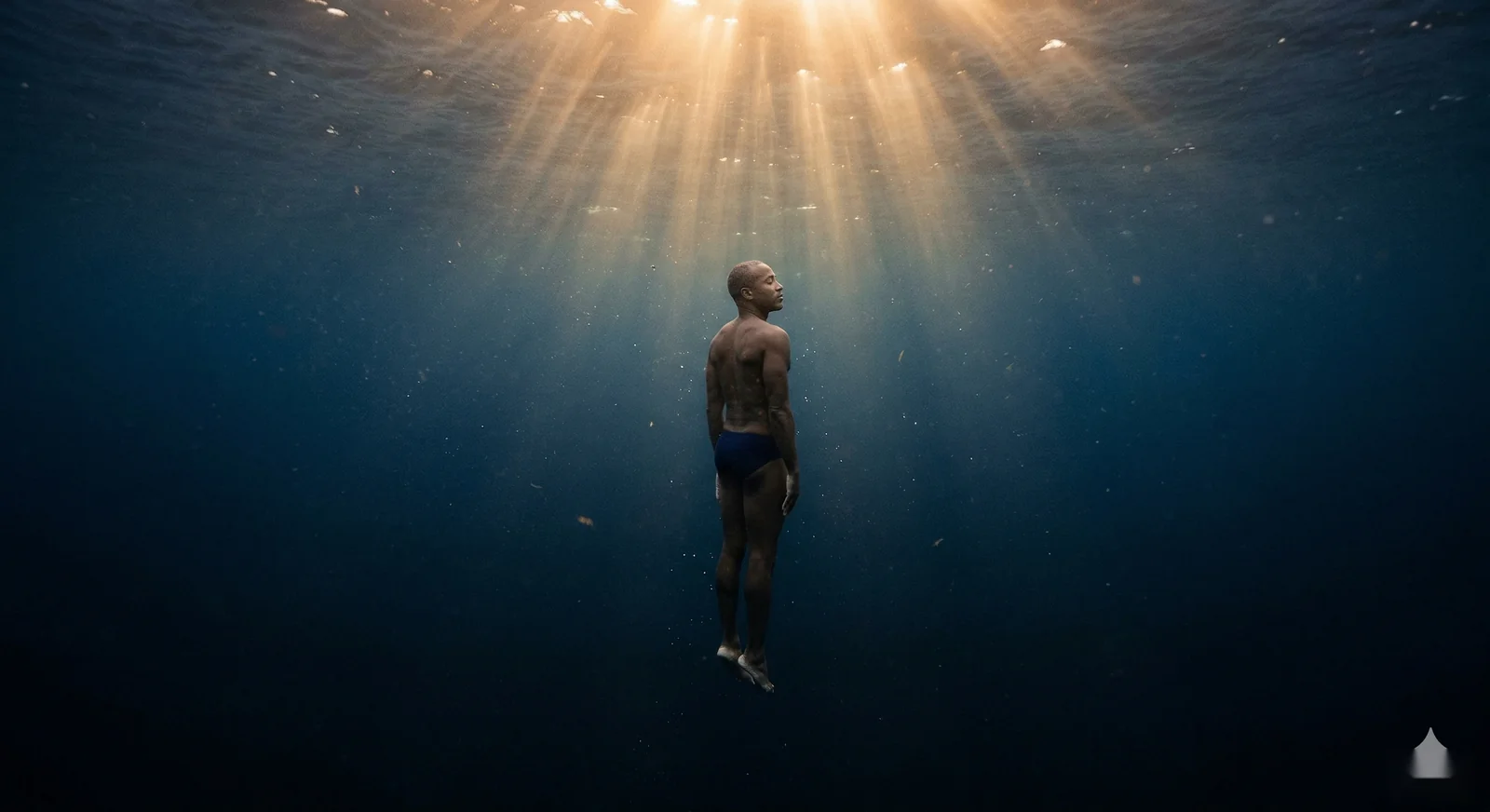 Plongeur en apnée descendant dans l'eau sombre, lumière dorée filtrant de la surface